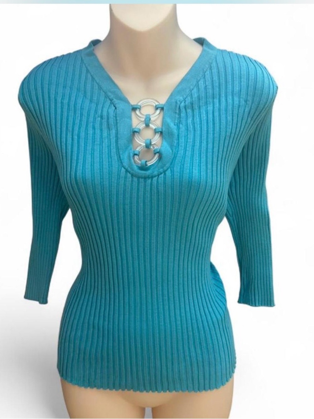 Y2K Aqua Ribbed Ring Detail Top XL Turquoise Bodycon Knit Sweater Top 2000s